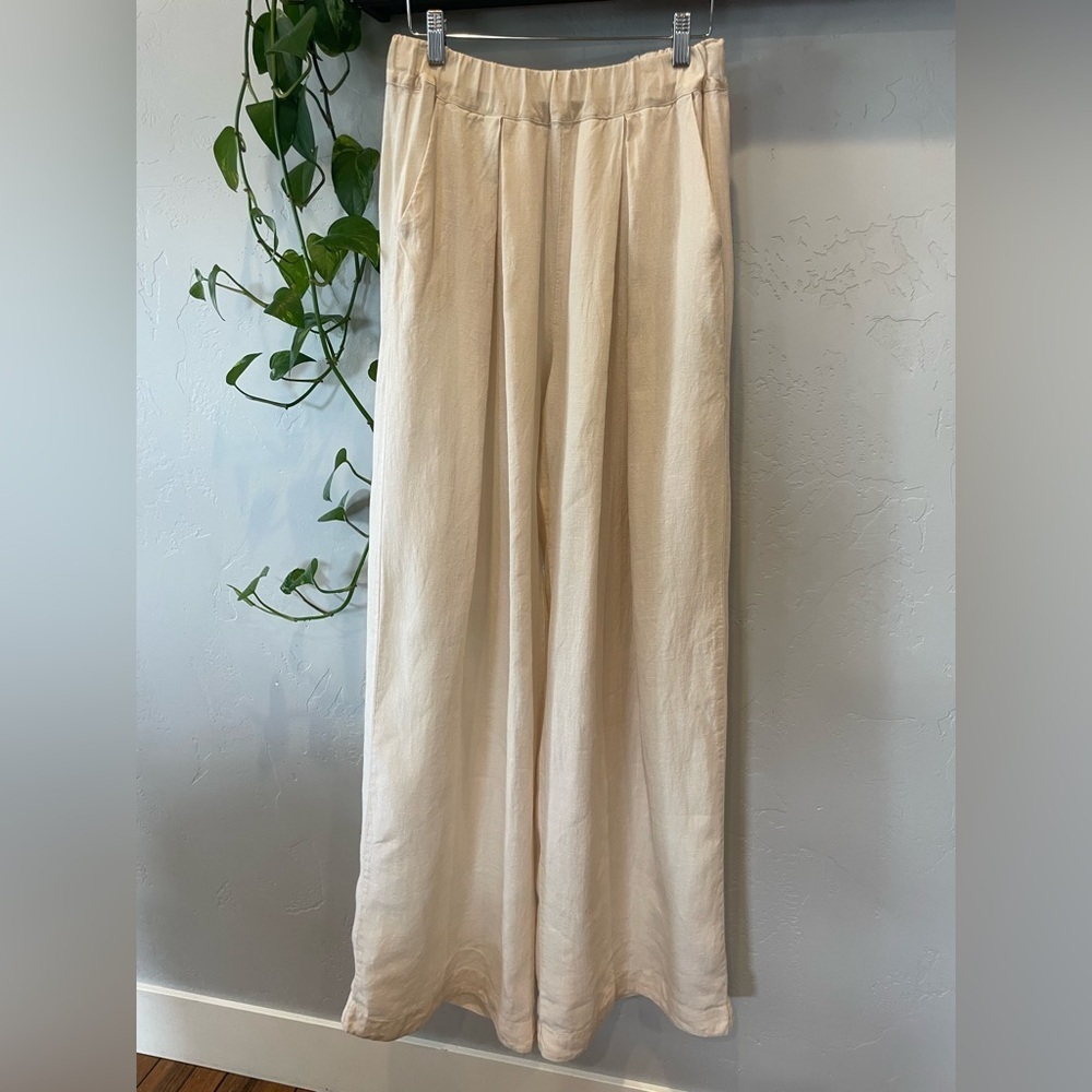 Mooshop 100% linen handmade in USA Cream Wide-Leg Linen Pants size M